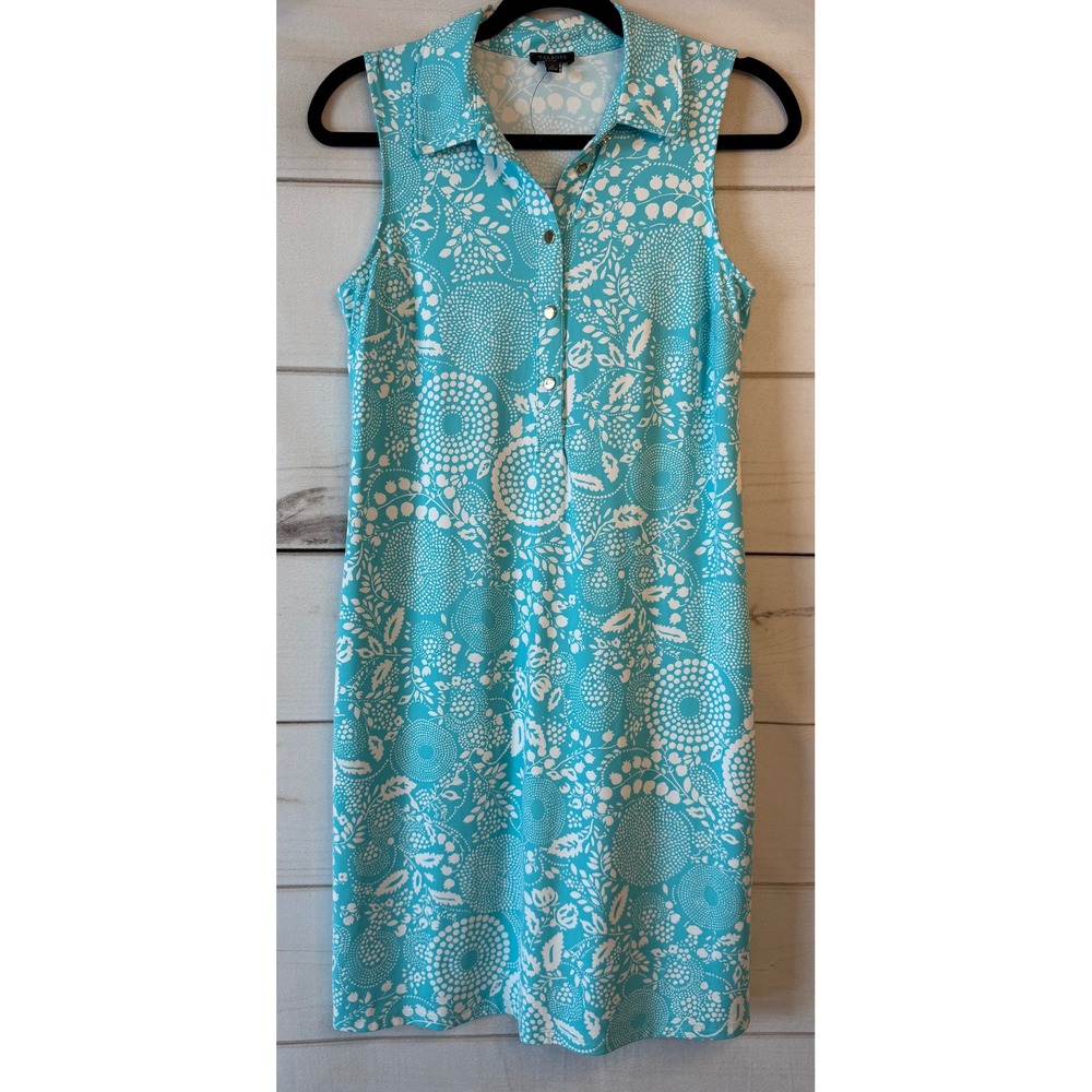 Talbots Petite SP Aqua Blue White Floral Sleeveless Button Front Shift Dress